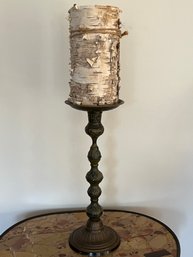 Tall Metal Etched Candlestick With Birch Tree Look Candle - 21.5' Tall