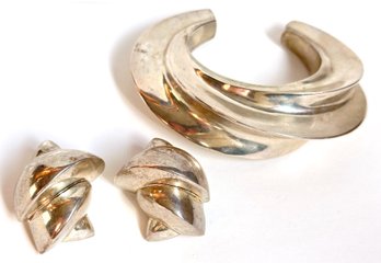 Patricia Von Musilin Vintage Sterling Silver Signed Cuff Bracelet & Clip-On Earrings