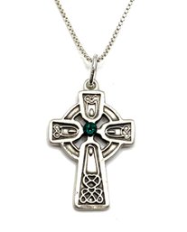 Vintage Italian Sterling Silver Chain With Ornate Green Stone Celtic Cross Pendant