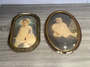 Pair Of Antique Crispy Pictures With Bubble Glass Frames