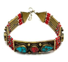 Vintage Tibetan Gilded Brass, Turquoise And Coral Beaded Bracelet