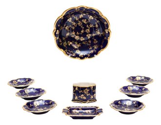 Vintage Lindner Kueps Bavaria Echt Rosengold Cobalt Gold Set: Ash Tray, Cigarette Holder, Small Dishes, Bowl