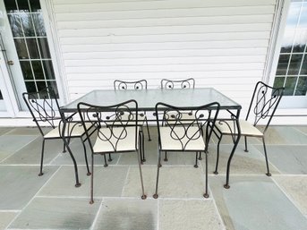 Vintage Wrought Iron Outdoor Dining Set With Padded Seat Covers And Daisy Design