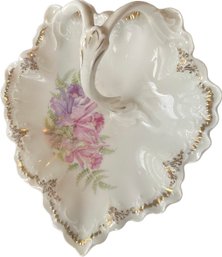 Vintage Weimar Germany Leaf Shape Pink Floral Gilded Handled Porcelain Candy Dish