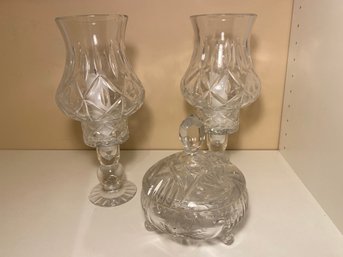 Pair Beautiful Pedestal Crystal Candleholders And Footed Lidded Crystal Candy Dish