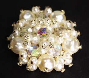 Faux Pearl Rhinestone Aurora Borealis Round Brooch 1960s