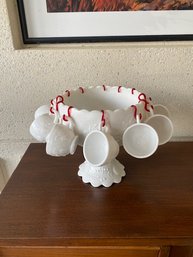 Vintage  Cupped Fruits Milk Glass Pedestal Punch Bowl Set W/ 12 Cups By Westmoreland