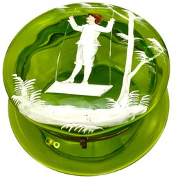 Victorian Mary Gregory Glass Trinket Box With A Swinging Boy. (9)