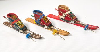 Three Mid Century Miniature Ski With Ski Boot Souvenir Matchbox Holders