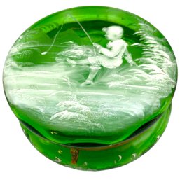 Victorian Mary Gregory Glass Trinket Box With A Fishing  Boy. (10)