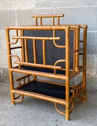 1960's Chinese Chippendale Style Bamboo & Rattan Magazine Rack With Black Laquered Ebonized Interior