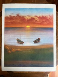 Roberto Righi Signed Lake Scene At Sunset Vintage Print