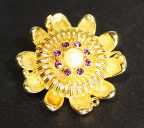 Gold Tone Flower Brooch Purple Rhinestones