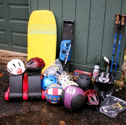 Mixed Outdoor Lot With Stepper, Workout Ball, Globetrotters B-Ball, Hiking Poles, Motorcycle & Bicycle Helmets