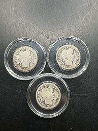 3 Barber Silver Dimes 1910, 1911, 1912