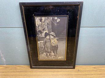 Antique Framed Print Of 2 Children. One With Cossak Hat. Black Paint Starting To Flake.