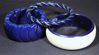 Lot Three Vintage Plastic Blue Colored Bangle Bracelets