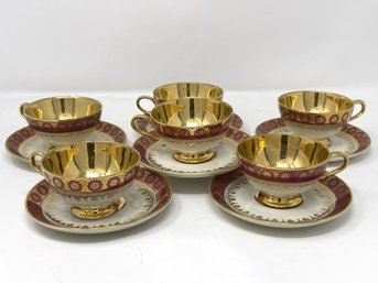Thomas Bavaria Gold And Burgundy Footed Teacup And Saucer, Set Of 6