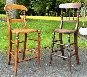 A Pairing Of 19th Century English Cane Seated High Chairs - Wonderful Repurposed As Plant Stands!