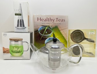 New In Box Tea Infusers By Sama Doyo & Luci, 2 Neo Strainers, New Bodum Glass Teapot  & Healthy Teas Book