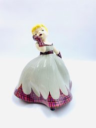 Vintage Festive Ceramic Figurine Of Girl In Gingham Trimmed Ballgown