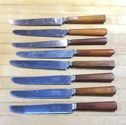 Eight Mid Century Bakelite Handled Knives- Butterscotch & Brown Handles- Sharp Cutter And Others