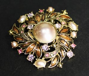 Contemporary Gold Tone Brooch Enamel Faux Pearl And Purple Rhinestone Brooch