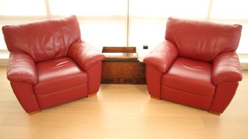 MATCHING PAIR OF RED LEATHER EUROPEAN LOUNGE CHAIRS