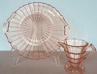 Pink Depression Glass Jeannette 'Sierra' Serving Platter & Indiana Glass 'Tea Room' Creamer No Issues