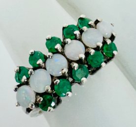 VINTAGE EMERALD AND OPAL STERLING SILVER RING
