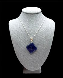 Italian Sterling Silver Chain And Blue Diamond Shaped Sterling Pendant