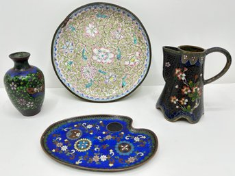 Antique Enamel Chinese Plate & Vintage Enamel Jug, Vase & Small Plate (4 Pieces)