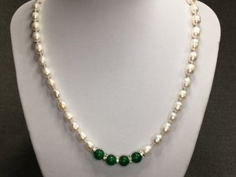 Lovely Genuine Cultured Beehive Pearl Necklace With Green Jade Quartz Beads And White Zircons - Very Nice !