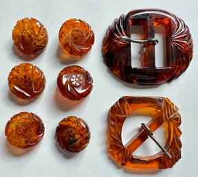 6 Vintage Amber Button Covers & 2 Belt Buckles
