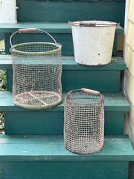 Lot Of 2 Wire Clam Buckets Farm Baskets With Enamel Bucket