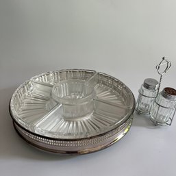 A Silver Plate Lazy Susan Crudite With Salt And Pepper Shaker
