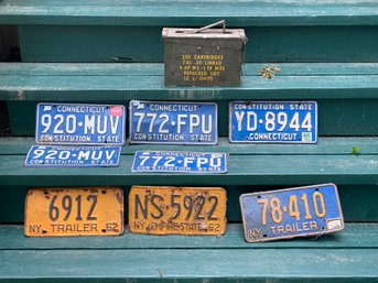 Lot Of Old NY And CT License Plates With Ammo Box