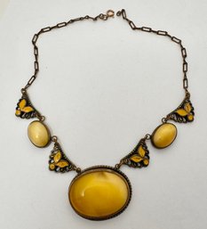 ART DECO YELLOW ENAMEL CATS EYE GLASS NECKLACE