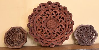 Two Vintage Carved Wood Trivets Paired With Indonesian Suar Wood Flower Carving