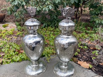 Pair Of Vintage Mercury Glass Apothecary Urns With Metal Flower Decoration