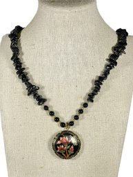 Vintage Black Onyx Stone Beaded Necklace Having Cloisonne Pendant