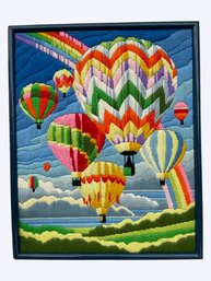 Mid Century 70s Stitchery Wall Art Of Colorful Rainbow Hot Air Balloons