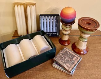 Pair Of Pottery Candlesticks Paired With Real & Faux Candles, Napkins (round Rainbow Candle Not Included)