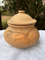 Antique Ahutthaya Thailand Decorated Rustic Clay Pottery Jar With Lid Age Unknown 5.5' Height