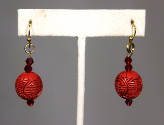 Pair Pierced Earrings Chinese Carved Cinnabar