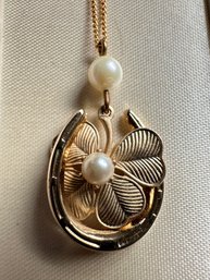 Vintage New In Box Genuine Pearl Pendant With Shamrock & Horseshoe