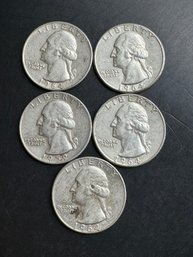 5 Washington Silver Quarters 1959-D, 1964 (2), 1964-D (2)