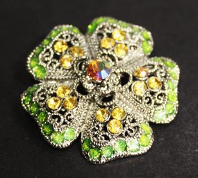 Silver Tone Rhinestone Flower Formed Brooch