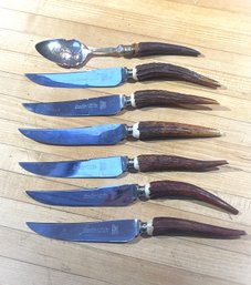 Lewis Rose & Company Sheffield England- Six Real Stag Handle Knives And One Spoon