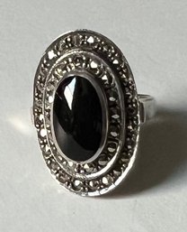 VINTAGE SIGNED ND STERLING SILVER MARCASITE ONYX RING